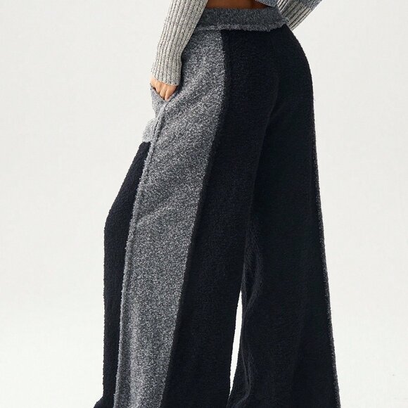 Black Casual Women's Contrast Color Casual Wide Leg Pants - Picture 10 of 11